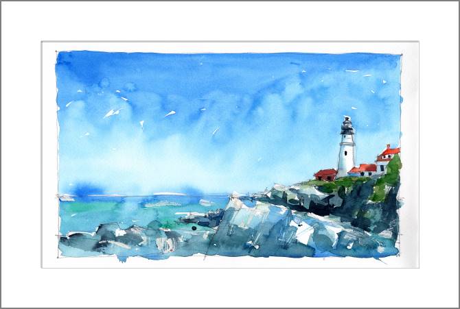 Купить и печать на заказ Картины, фото с паспарту Акварельный морской пейзаж с маяком