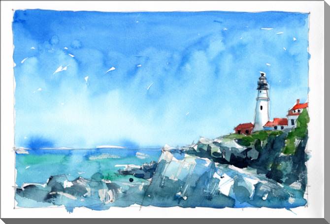 Купить и печать на заказ Картины на пластике, пеноркартоне Акварельный морской пейзаж с маяком