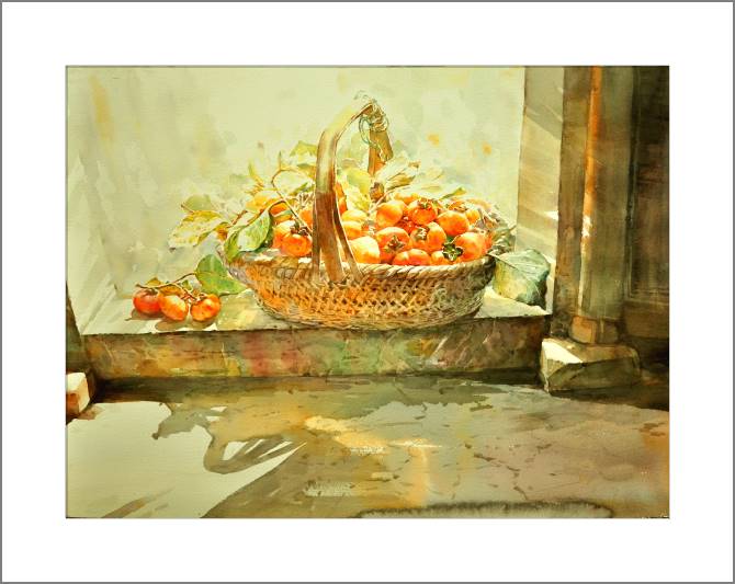 Купить и печать на заказ Картины, фото с паспарту Корзинка с хурмой на солнце