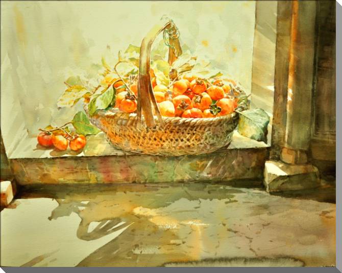 Купить и печать на заказ Картины на пластике, пеноркартоне Корзинка с хурмой на солнце