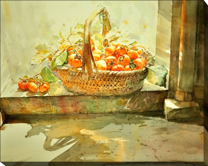 Paintings on canvas Basket of persimmons in the sun
