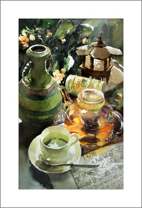 Купить и печать на заказ Картины, фото с паспарту Акварельный натюрморт с чашкой чая