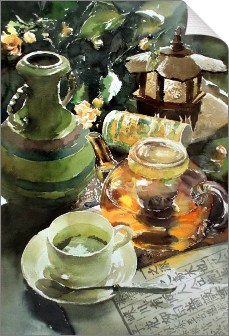 Купить и печать на заказ Картины на холсте Акварельный натюрморт с чашкой чая