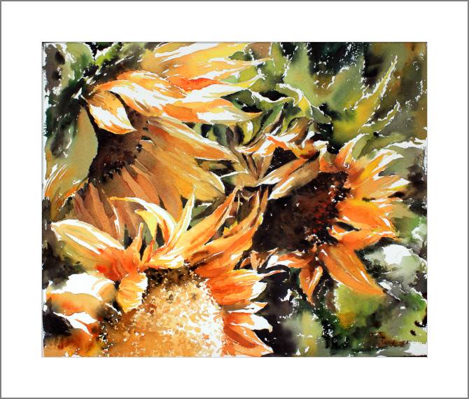 Купить и печать на заказ Картины, фото с паспарту Акварельные живописные подсолнухи