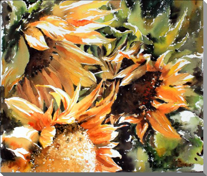 Купить и печать на заказ Картины на пластике, пеноркартоне Акварельные живописные подсолнухи