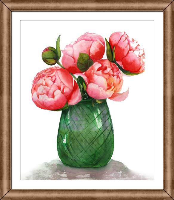 Купить и печать на заказ Картины на холсте Акварельные пионы в вазе