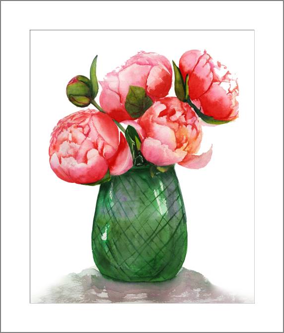 Купить и печать на заказ Картины, фото с паспарту Акварельные пионы в вазе