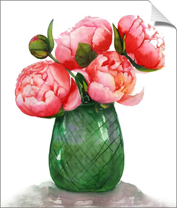 Купить и печать на заказ Картины на холсте Акварельные пионы в вазе