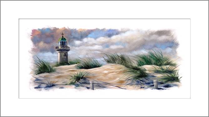 Купить и печать на заказ Картины, фото с паспарту Пляжные дюны и маяк