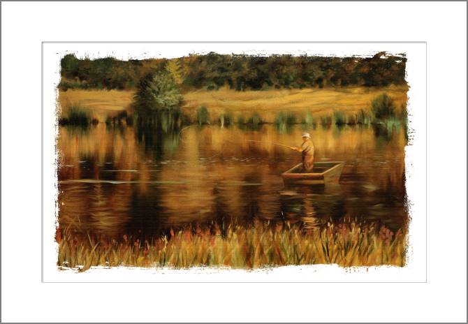 Купить и печать на заказ Картины, фото с паспарту Рыбак на озере