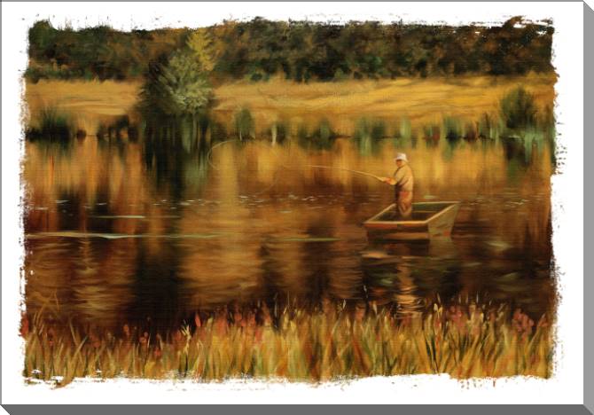Купить и печать на заказ Картины на пластике, пеноркартоне Рыбак на озере