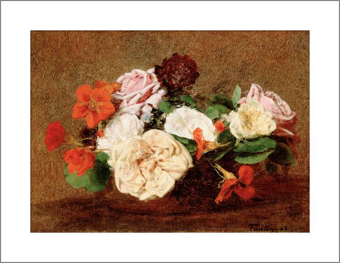 Купить и печать на заказ Картины, фото с паспарту Розы и настурции в вазе