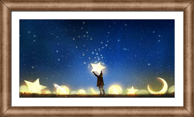 Купить и печать на заказ Картины на холсте Мальчик со звездой, среди светящихся планет