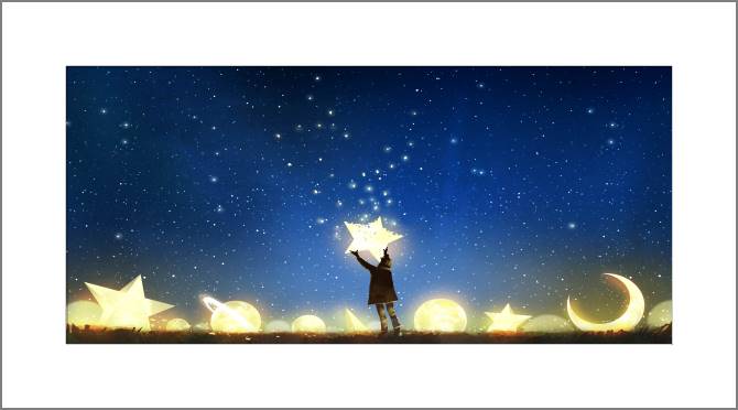 Купить и печать на заказ Картины, фото с паспарту Мальчик со звездой, среди светящихся планет