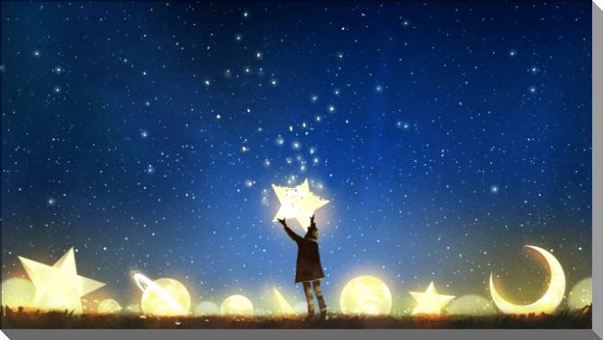 Купить и печать на заказ Картины на пластике, пеноркартоне Мальчик со звездой, среди светящихся планет