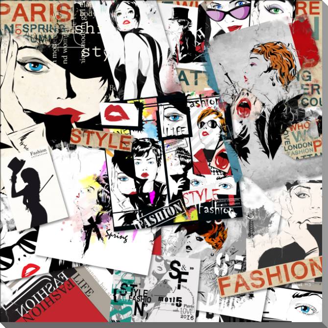 Купить и печать на заказ Картины на пластике, пеноркартоне Серия коллаж с рисунками и текстом fashion 3