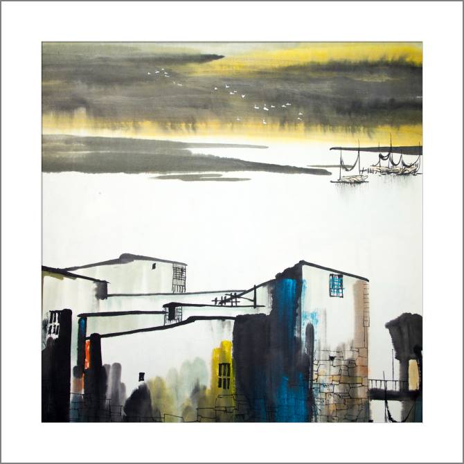 Купить и печать на заказ Картины, фото с паспарту Утро в рыбацкой деревне