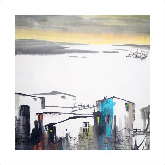 Купить и печать на заказ Картины, фото с паспарту Утро в деревне на воде