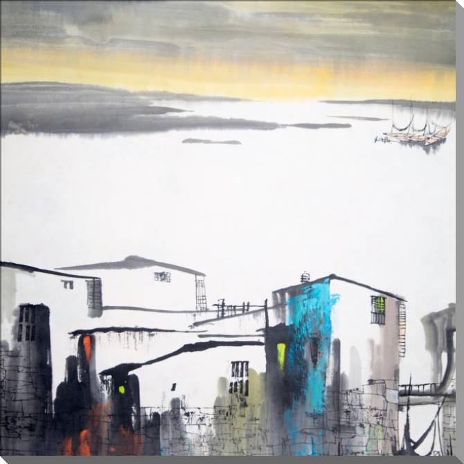 Купить и печать на заказ Картины на пластике, пеноркартоне Утро в деревне на воде