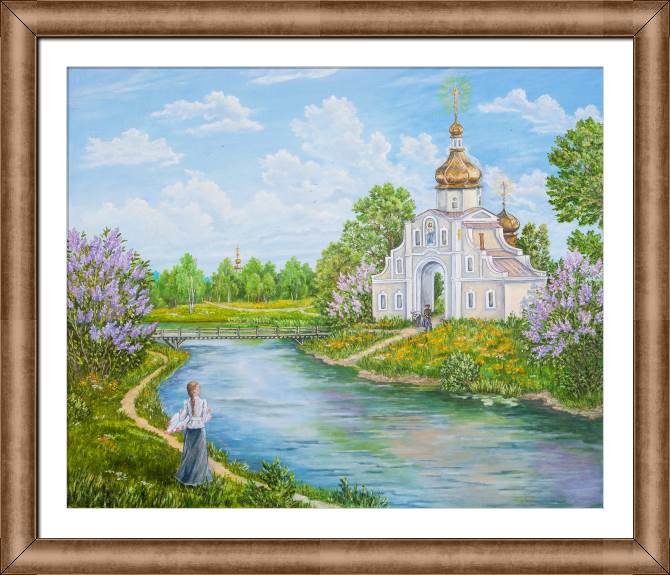 Купить и печать на заказ Картины на холсте Пейзаж с рекой и православной церковью