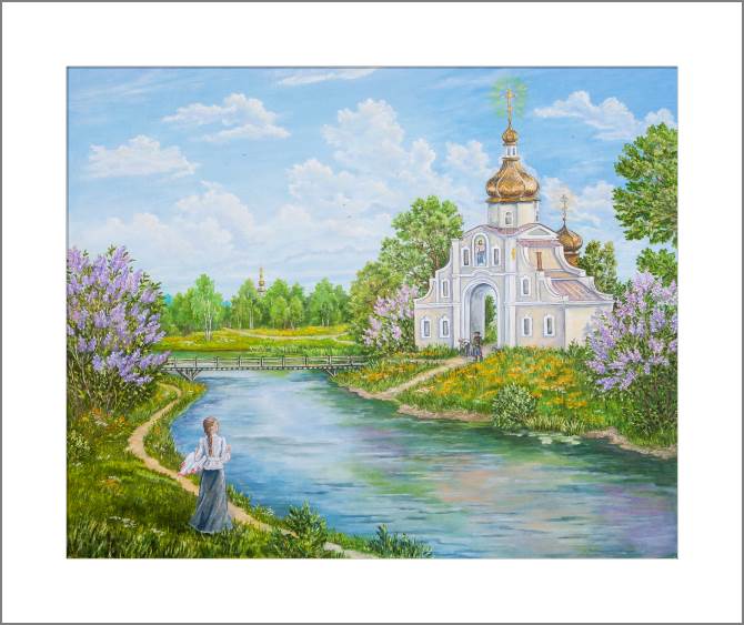 Картины, фото с паспарту Landscape with the river and the Orthodox Church