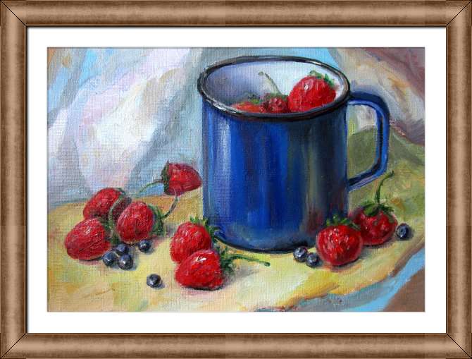 Купить и печать на заказ Картины на холсте Клубника в синей кружке