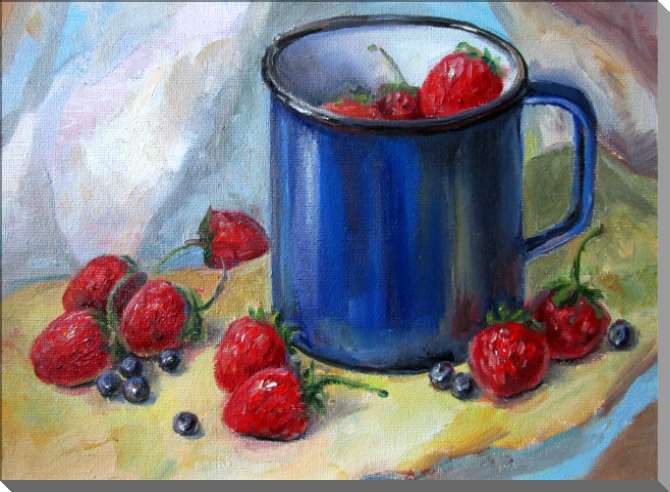 Купить и печать на заказ Картины на пластике, пеноркартоне Клубника в синей кружке