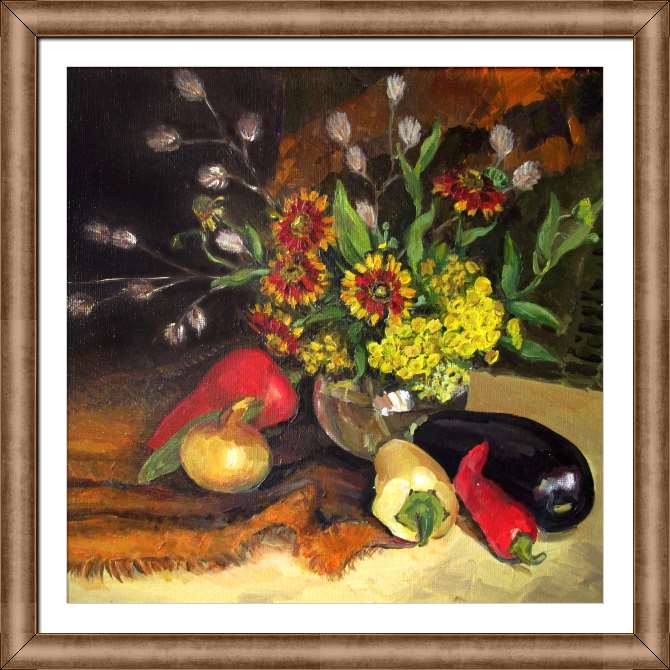 Купить и печать на заказ Картины на холсте Натюрморт с букетом и овощами