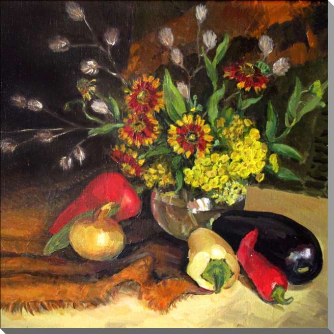 Купить и печать на заказ Картины на пластике, пеноркартоне Натюрморт с букетом и овощами