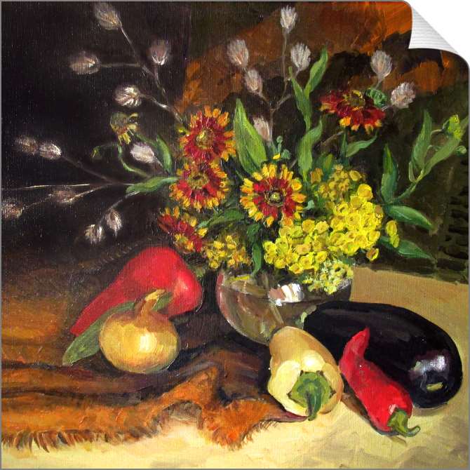 Купить и печать на заказ Картины на холсте Натюрморт с букетом и овощами