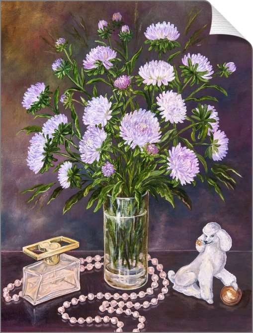 Купить и печать на заказ Картины на холсте Астры в стеклянной вазе