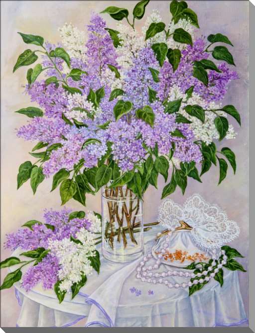 Купить и печать на заказ Картины на пластике, пеноркартоне Букет сирени на столе