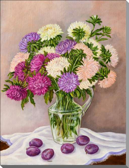 Купить и печать на заказ Картины на пластике, пеноркартоне Пышные астры в кувшине