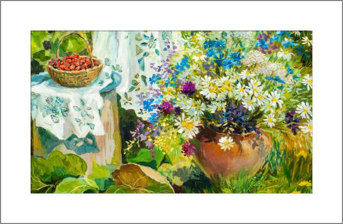 Купить и печать на заказ Картины, фото с паспарту Букет полевых цветов в горшке