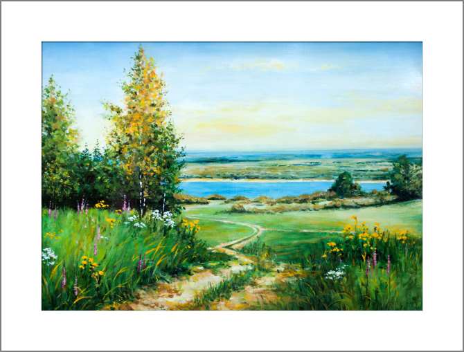 Купить и печать на заказ Картины, фото с паспарту Пейзаж с видом на озеро