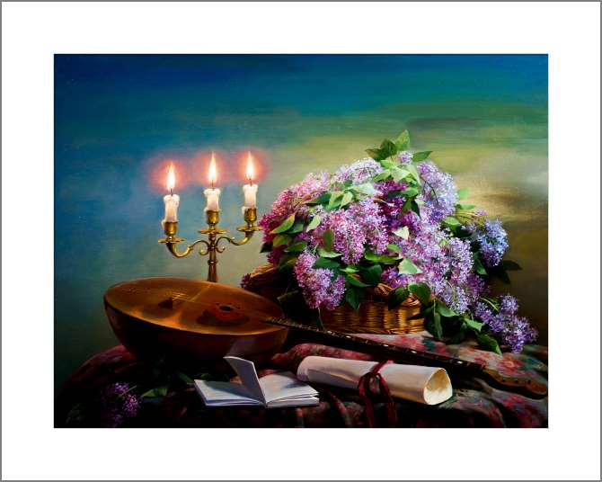 Купить и печать на заказ Картины, фото с паспарту Лютня и букет сирени