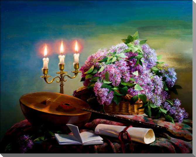 Купить и печать на заказ Картины на пластике, пеноркартоне Лютня и букет сирени