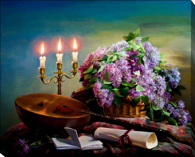 Paintings on canvas Lute and bouquet of lilacs